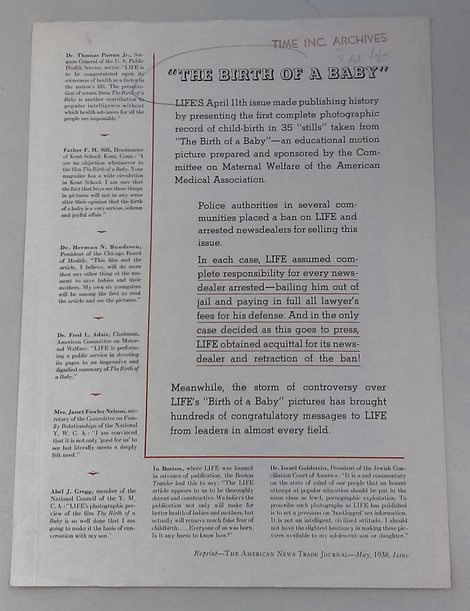 Reprint of a response to “The Birth of a Baby,” The American New Trade Journal, May 1938. Time Inc. subject files {MS 3009. RG 1}, New-York Historical Society.